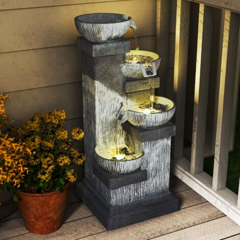 Fontaine de Jardin Cascade Fontaine d'eau 4 niveaux avec lumières LED, résine, 38 x 36 x 85 cm, gris