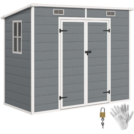 Abri de jardin extérieur 2,4 x 1,3 m, en résine avec plancher, fenêtre, portes verrouillables et aérations, gris