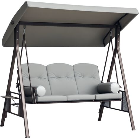 Balancelle de jardin 3 places toit inclinaison réglable coussins plateaux 116 x 206 x 183 cm polyester gris clair (1/5)