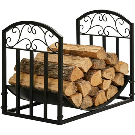 Portalegna da Interno ed Esterno in Metallo con Ripiano Curvo, Fino 60kg di Legna, Nero, 60.5x36x46.5cm