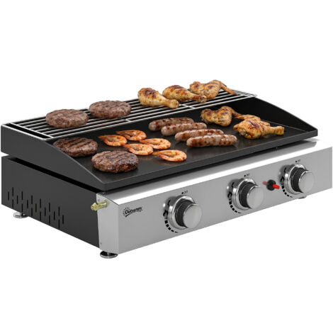 Plancha Gaz en Inox, 3 Brûleurs, Barbecue à Gaz avec Plaque Émaillée et Grille de Réchauffage, 7,5 kW, 62x44x21cm, Noir
