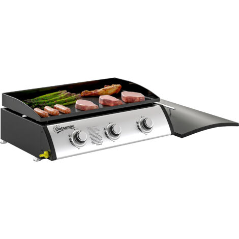 Plancha gaz 3 brûleurs 7,5 kW, surface cuisson 61 x 35,5 cm avec couvercle, gaz liquéfié/propane, 63 x 47 x 25 cm noir