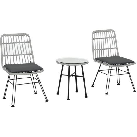 Set di Tavolo e Sedie da Giardino da 3 Pezzi in Rattan PE e Acciaio, Set Bistrò da Giardino con Tavolino da Caffè con Piano in Vetro e 2 Sedie, per Balcone Patio Cortile Esterno, Grigio (1/5)