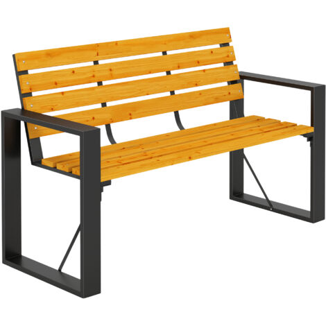 Banco de Jardín Exterior de 2 Plazas con Respaldo y Asiento Listonado Marco de Acero 136x54x82 cm Natural (1/5)
