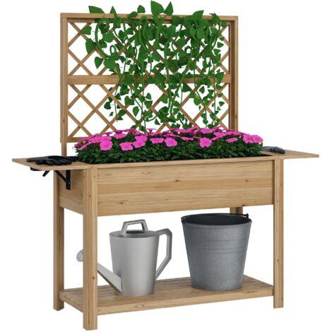 Jardinière potager sur pieds avec treillis et tablettes rabattables bois