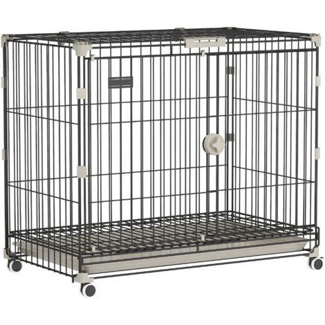 Cage pour Chien Pliable, Plateau Amovible, Roues avec Freins, Toit Ouvrant, Porte de Nourrissage, 75,5x46x64,5cm, Noir (1/5)