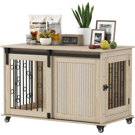 Jaula para Perros Medianos y Grandes Mesa Auxiliar Moderna con 2 Puertas y Cierre 100x56x65 cm Roble (1/5)