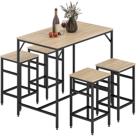 Set Tavolo Alto con 4 Sgabelli Stile Industriale in Metallo e , Rovere Chiaro