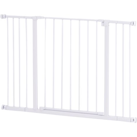 PawHut Barrera de Seguridad Extensible Puertas y Escaleras Metálica para Perros y Bebé Barrera Puertas Mascota 2 Extensiones 15/10 cm, 76-107x76 cm Blanco (1/5)