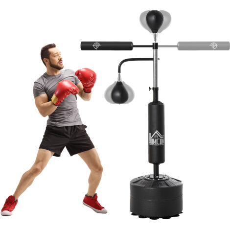 Saco de Boxeo de Pie 4 en 1 Ajustable en Altura con 2 Bolas Barra y Base Rellenable Agua o Arena 88x50x160-230 cm Negro