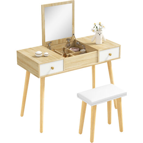 Ensemble de coiffeuse avec tabouret miroir rabattable style scandinave 2 tiroirs 100 x 45 x 118 cm naturel et blanc (1/5)
