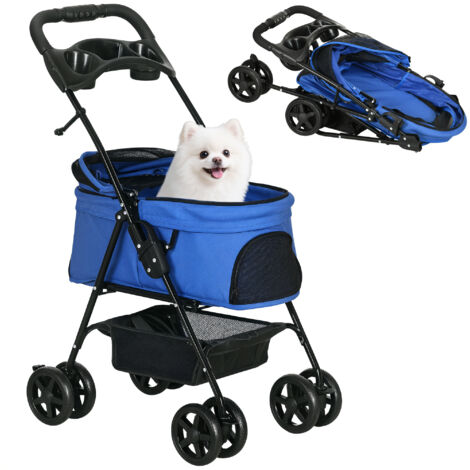 Carrito para Perros Pequeños con Ruedas Universales Cesta de Almacenaje Correas de Seguridad y Ventanas 67x45x96 cm Azul (1/5)