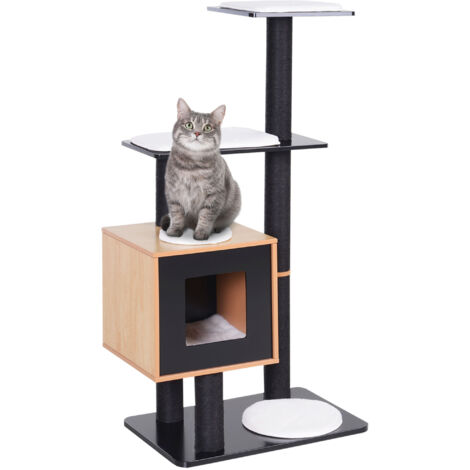 Arbre à chats design contemporain griffoirs grattoirs sisal naturel centre d'activités niche plate-formes jeu boules suspendues 71,5L x 49,5l x 120H cm MDF noir hêtre (1/5)