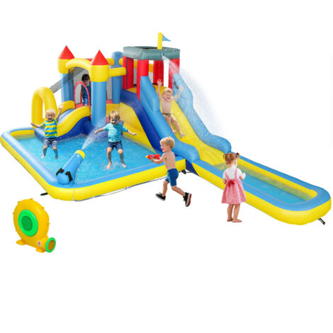 Château gonflable avec soufflerie parc aquatique toboggans, trampoline, mur d'escalade, canon, panier de basket