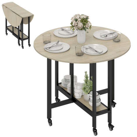 Klapptisch, Tisch mit Klappfunktion und offener Ablage, Rollbarer Küchentisch für Esszimmer, kleine Räume, Natur (1/5)
