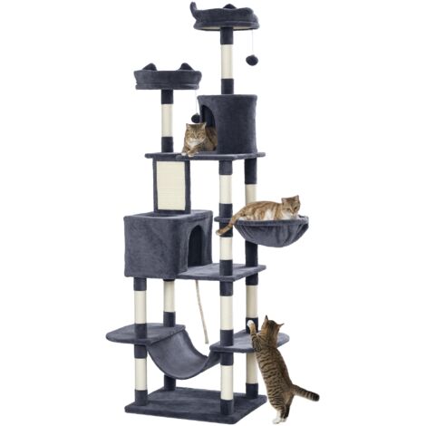 Kratzbaum 206 cm Katzenturm mit Höhle, 2 Spielballen, Sisalstämme, Plattform für große Katzen, Dunkelgrau (1/5)