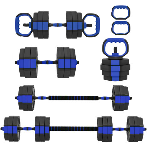 Ensemble d'Haltères Musculation 6-en-1 Haltère Réglable 30 kg Kettlebell, Barre de Musculation Support pour Pompes Bleu (1/5)