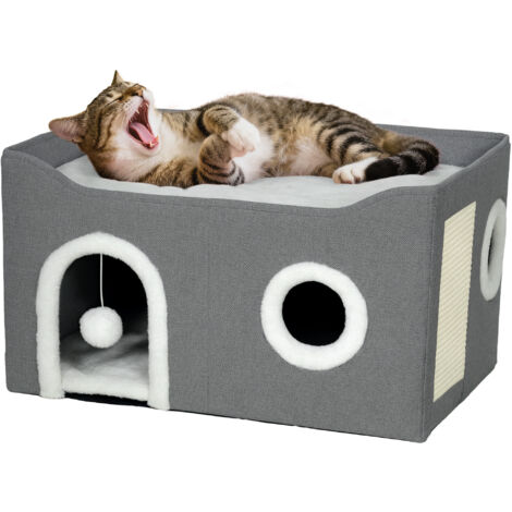 Casa para Gatos Plegable con Rascador 3 Entradas Bola Colgante Cojín Reversible en Felpa y Tipo Lino 60x40X34 cm Gris (1/5)