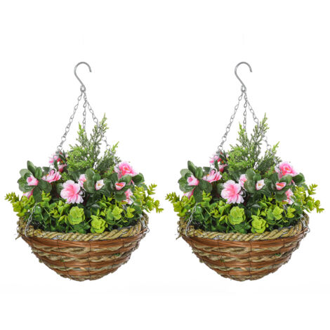 Set 2 Piante Finte di Lisianthus con Vaso e Gancio, Piante Artificiali in PE e Vimini, Ø25x34 cm, Verde e Rosa (1/5)