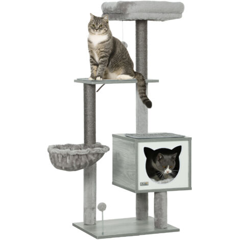 Arbre à chat griffoirs grattoirs multi-équipements niche hamac peluche courte sisal naturel 48x40x126cm gris (1/5)