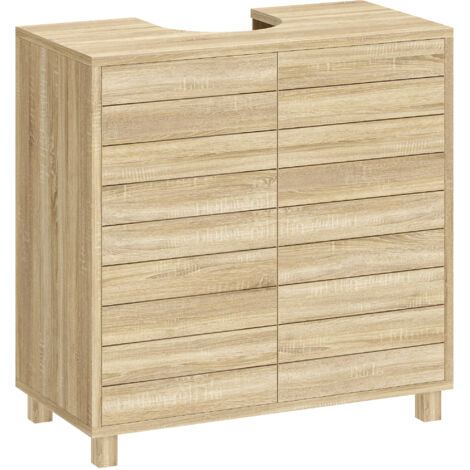 Meuble sous Lavabo, Découpe en Forme U, Portes à Lattes, Étagère Réglable, Ouverture par Pression, 60x30x60cm, Naturel (1/5)