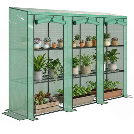 Invernadero de Exterior de 3 Niveles con Puerta Enrollable con Cremallera 9 Estantes Cubierta de PE 215x46x151cm Verde (1/5)