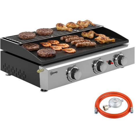 Barbacoa de Gas con 3 Quemadores 7,5 kW Barbacoa Portátil con Plancha Rejilla Calentadora y Recogedor Grasa Negro (1/5)