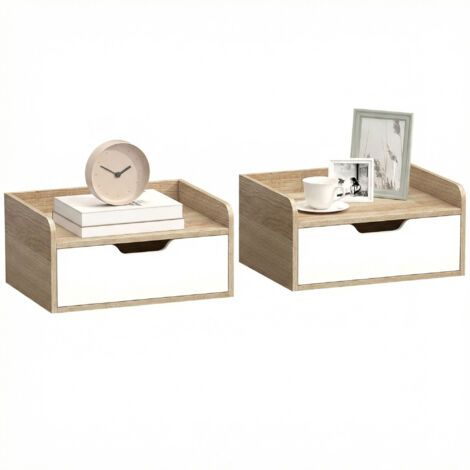Lot de 2 tables de chevet murales, tables de nuit avec tiroir et plateau à rebords surélevés, 40x30x19,5cm, naturel