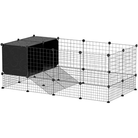 Enclos pour petits animaux, cage à lapin modulable 31 panneaux avec niches surélevées, en acier, 140x70x52cm, noir (1/5)