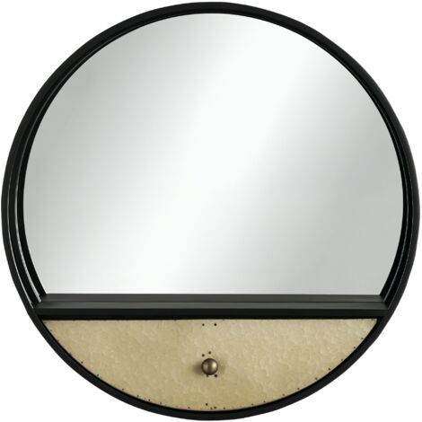 Specchio da Parete Rotondo Ø61cm, Specchio Decorativo con Cassetto e Cornice in Metallo e MDF, Nero (1/5)