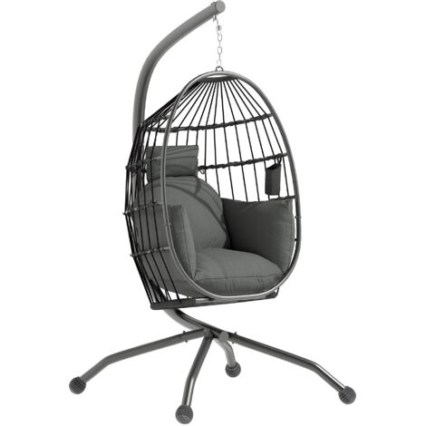 Fauteuil suspendu, fauteuil oeuf suspendu panier pliable, coussin rembourré, porte-gobelet, 120x88x192cm, gris foncé (1/5)