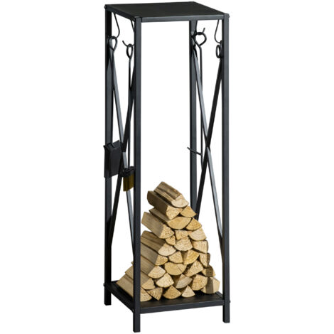 Estante de Leña Metálico Leñero de Exterior con Ganchos Pala Cepillo Atizador y Tenazas Carga 65 kg 34x34x111 cm Negro (1/5)