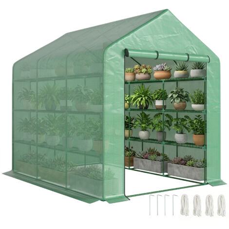 Serre de jardin serre d'hivernage avec étagères 3 niveaux porte enroulable tube en acier 244 x 180 x 210 cm vert (1/5)
