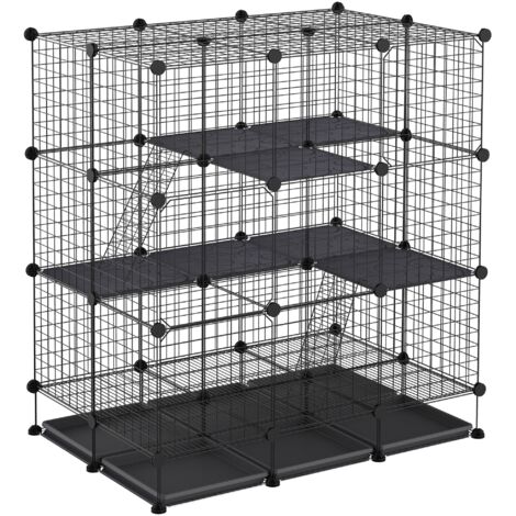 Cage parc enclos rongeurs modulable dim. L 111 x l 75 x H 119 cm 3 niveaux 4 portes fil métallique noir (1/5)