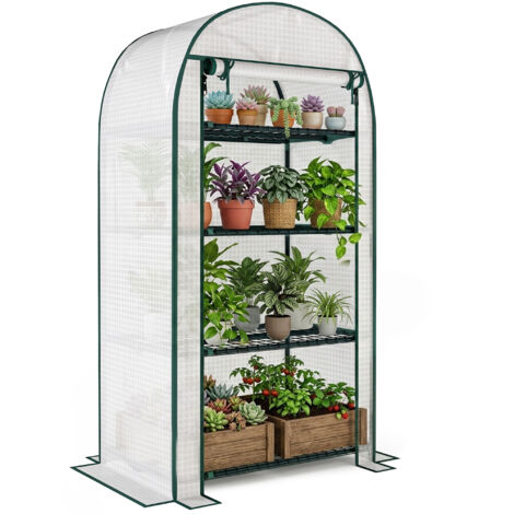 Serre de jardin serre de balcon résistante aux UV porte enroulable 4 étagères couverture en PE 80 x 50 x 160 cm blanc (1/5)