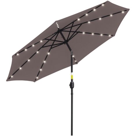 Outsunny Sombrilla Terraza Exterior Ø265 cm Sombrilla de Jardín con 32 Luces LED Solares Poste de Acero y Manivela Parasol Inclinable para Patio Terraza Gris (1/5)