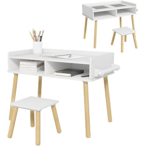 Set Tavolino per Bambini con Sgabello, Banchetto con Piano Reversibile e Rotolo di Carta, Bianco (1/5)