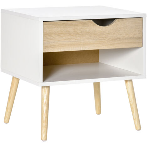 HOMCOM Table de chevet, table de nuit, avec tiroir, design moderne, pieds massif, 50 x 39 x 51 cm, blanc et naturel (1/5)