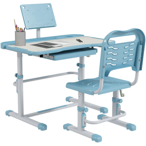 Pupitre Infantil Ajustable con 1 Cajón 1 Estante para Libros y Ángulo de Mesa Ajustable 80x49,5x82-104 cm Azul y Blanco (1/5)