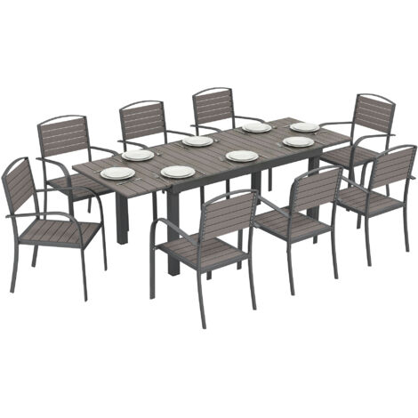 Salon de Jardin 8 Personnes Table de Jardin Extensible 150-225cm avec Plateau Poly et 8 Chaises Aluminium Gris (1/5)