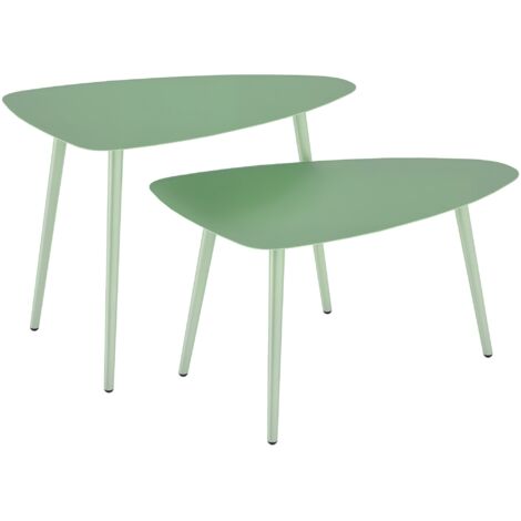 Lot de 2 tables basses de jardin, tables d'appoint gigognes triangulaires, cadre en acier patins ajustables vert clair (1/5)