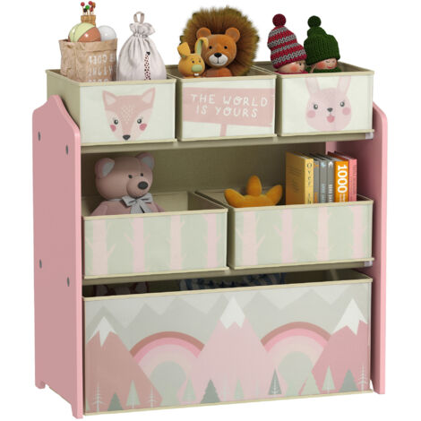 Scaffale Portagiochi per Bambini con 6 Contenitori Rimovibili in Tessuto, 63x30x66cm, Rosa (1/5)