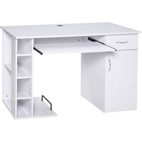 HOMCOM Bureau informatique table d'ordinateur multimédia multi-rangements avec étagère tiroir tablette clavier MDF 120 x 60 x 74 cm blanc (1/5)