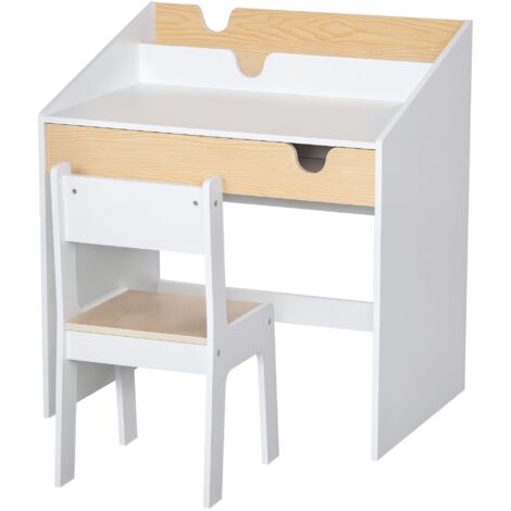 Set Scrivania e Sedia per Bambini con Cassetto e Scaffale, Bordi Arrotondati, Età 6-10 Anni, Bianco e (1/5)