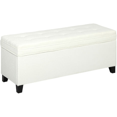 Banc de rangement 112L banquette bout de lit en tissu de lin, siège capitonné, 120 x 40 x 48 cm, crème (1/5)