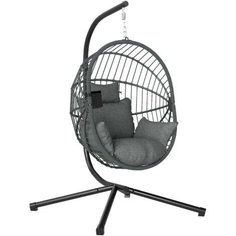 Fauteuil œuf suspendu, chaise hamac balançoire intérieur et extérieur, panier pliable, coussin rembourré, gris