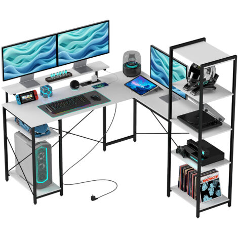 Scrivania Angolare con Presa Elettrica e USB, Scaffale e Supporto per Monitor, Bianco e Nero (1/5)