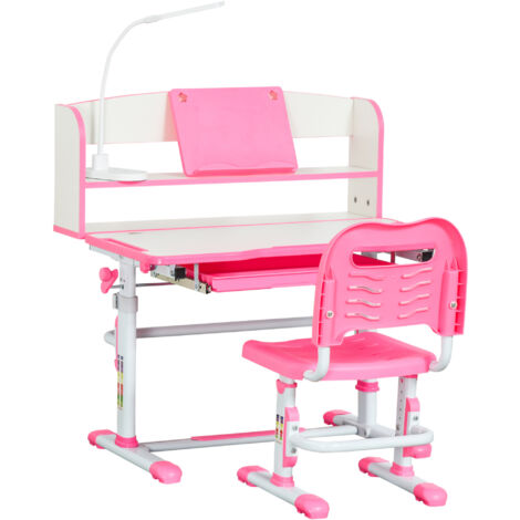 Banco Scuola per Bambini 6-12 Anni Regolabile con Luce LED, Leggio e Portapenne, in MDF, PP e Acciaio, Rosa (1/5)