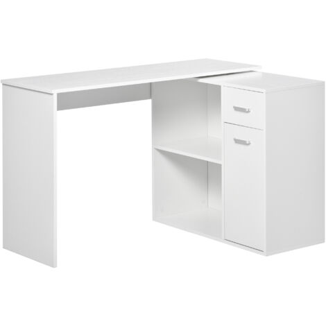 Bureau d'angle rotatif à 180°, bureau d'ordinateur, bibliothèque, tiroir, placard, poste de travail, 117x82x74cm, blanc (1/5)