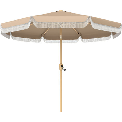 Parasol de jardin extérieur 266 cm, parasol inclinable, franges, manivelle, 8 baleines, toile polyester 180 g/m², kaki (1/5)